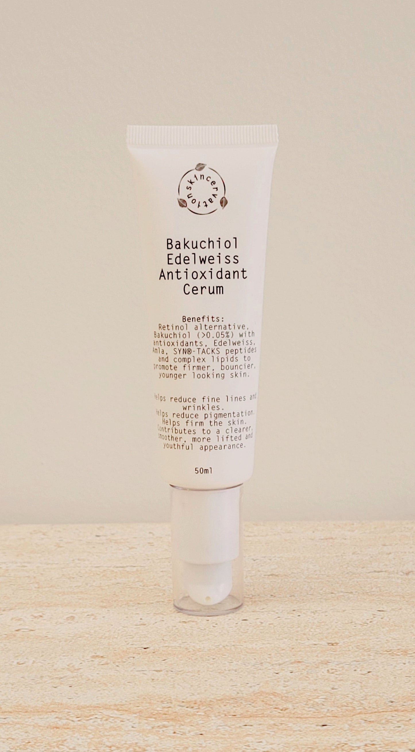 Skincervation Bakuchiol Edelweiss Antioxidant Cerum Serum in white tube on beige background