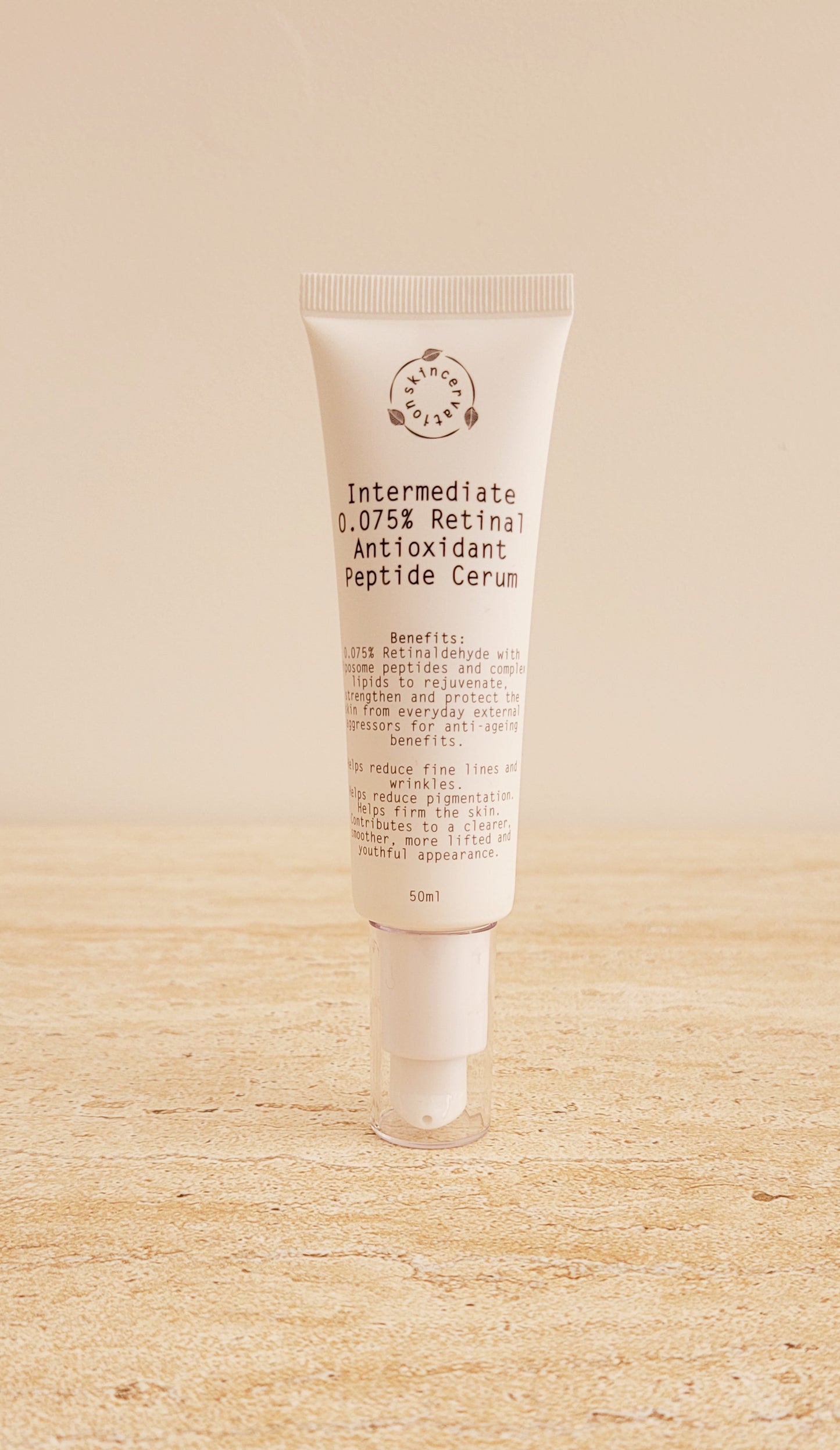 Skincervation Intermediate Retinal Antioxidant Peptide Anti-Ageing serum tube on beige surface