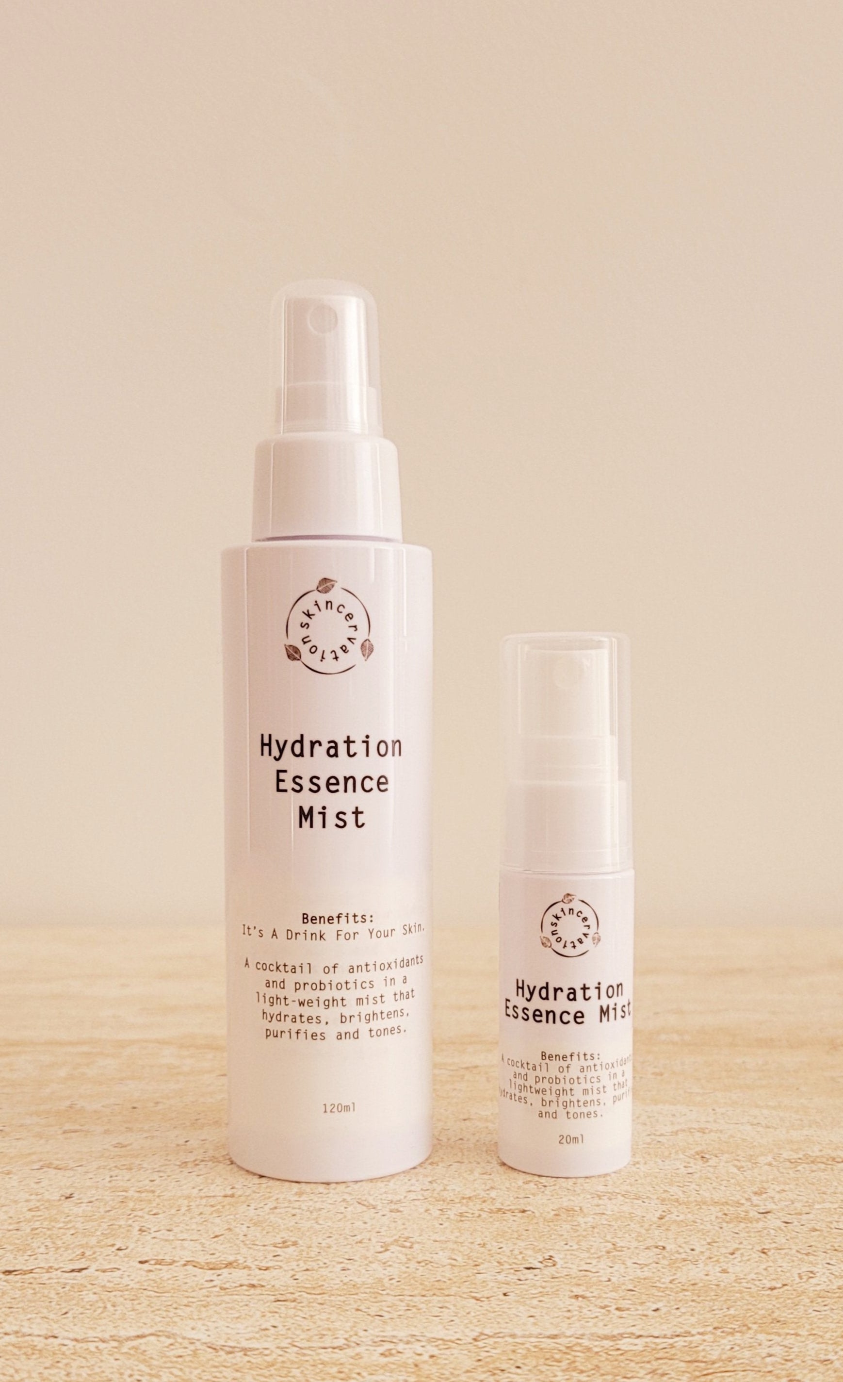 Full Size 120ml and Travel Size 20ml bottle of Hydrating Facial Spray to add moisture to face