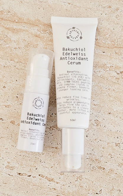 Bakuchiol Edelweiss Antioxidant Serum in two sizes contains Vitamin C and Niacinamide