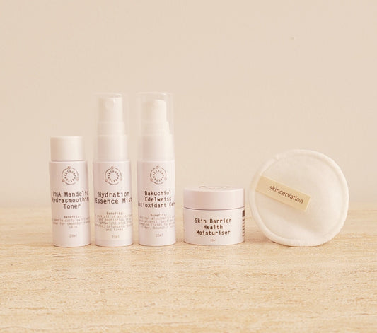 Set of 20ml products including toner, face mist, serum, moisturiser and face pad