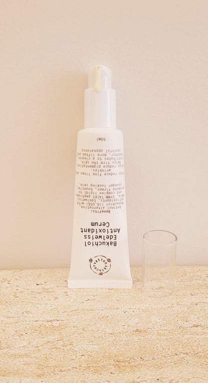 Skincervation Bakuchiol Edelweiss Antioxidant Cerum Serum in white squeeze tube with clear cap