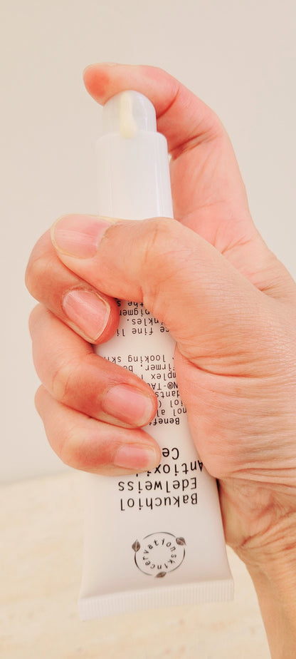 Hand holding skincervation Bakuchiol Edelweiss Antioxidant Cerum Serum lotion tube