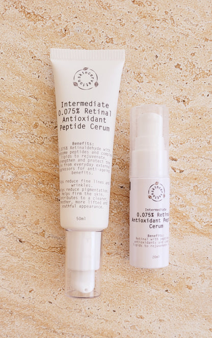 Skincervation Intermediate Retinal Antioxidant Peptide Anti-Ageing serum tubes on beige textured surface