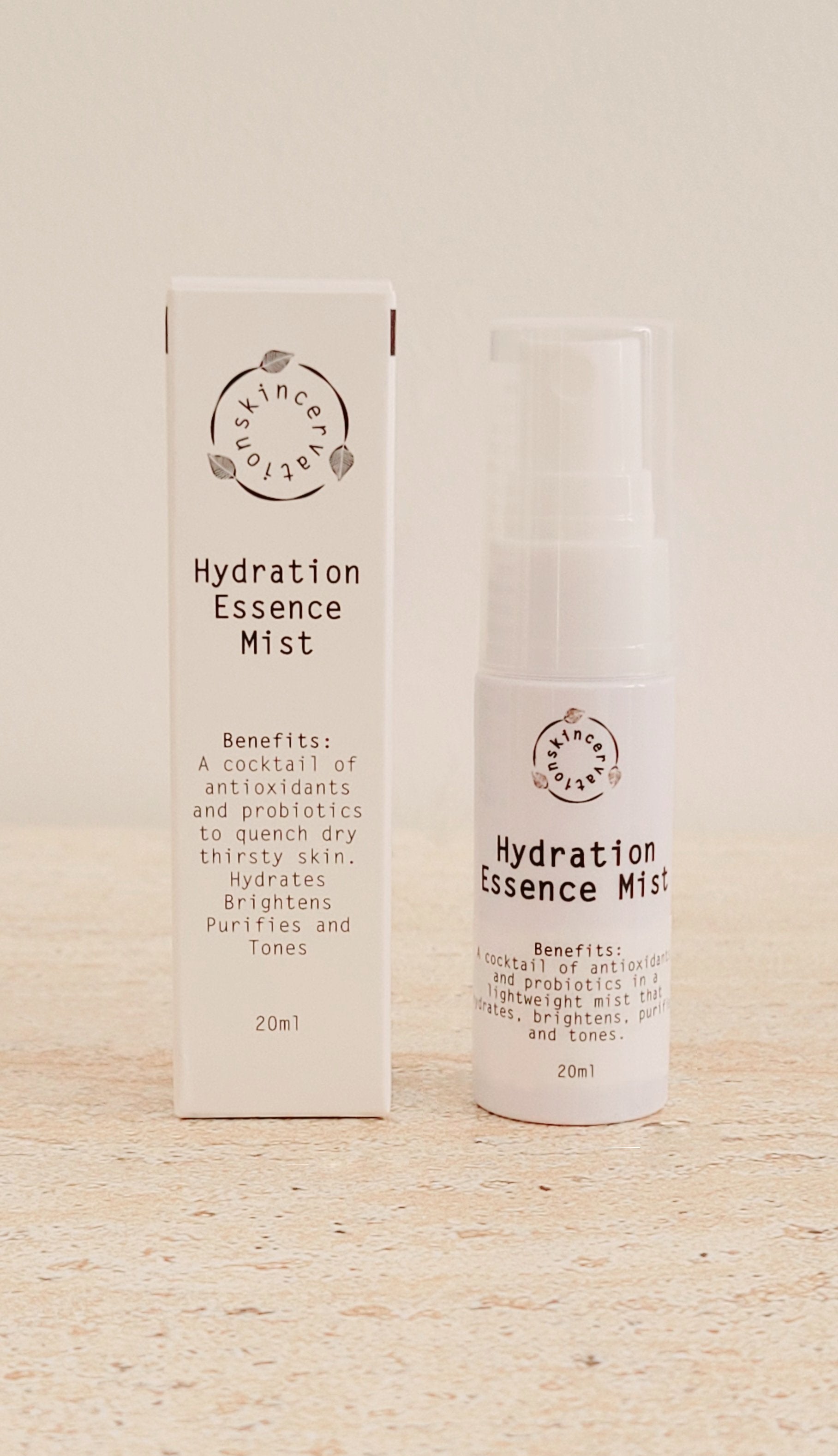 Skincervation Hydration Essence mist spray bottle and packaging for skin hydration and brightening