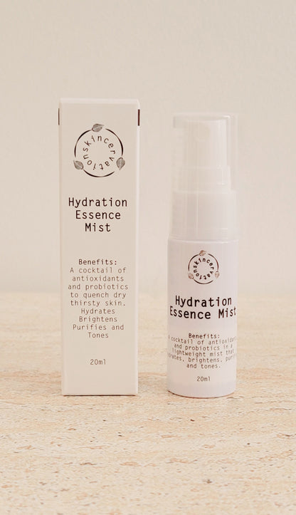 Skincervation Hydration Essence mist spray bottle and packaging for skin hydration and brightening