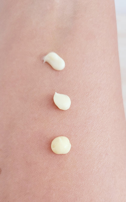 Three dollops of serum on skin showing texture for Retinal Travel Set Skincare by skincervation