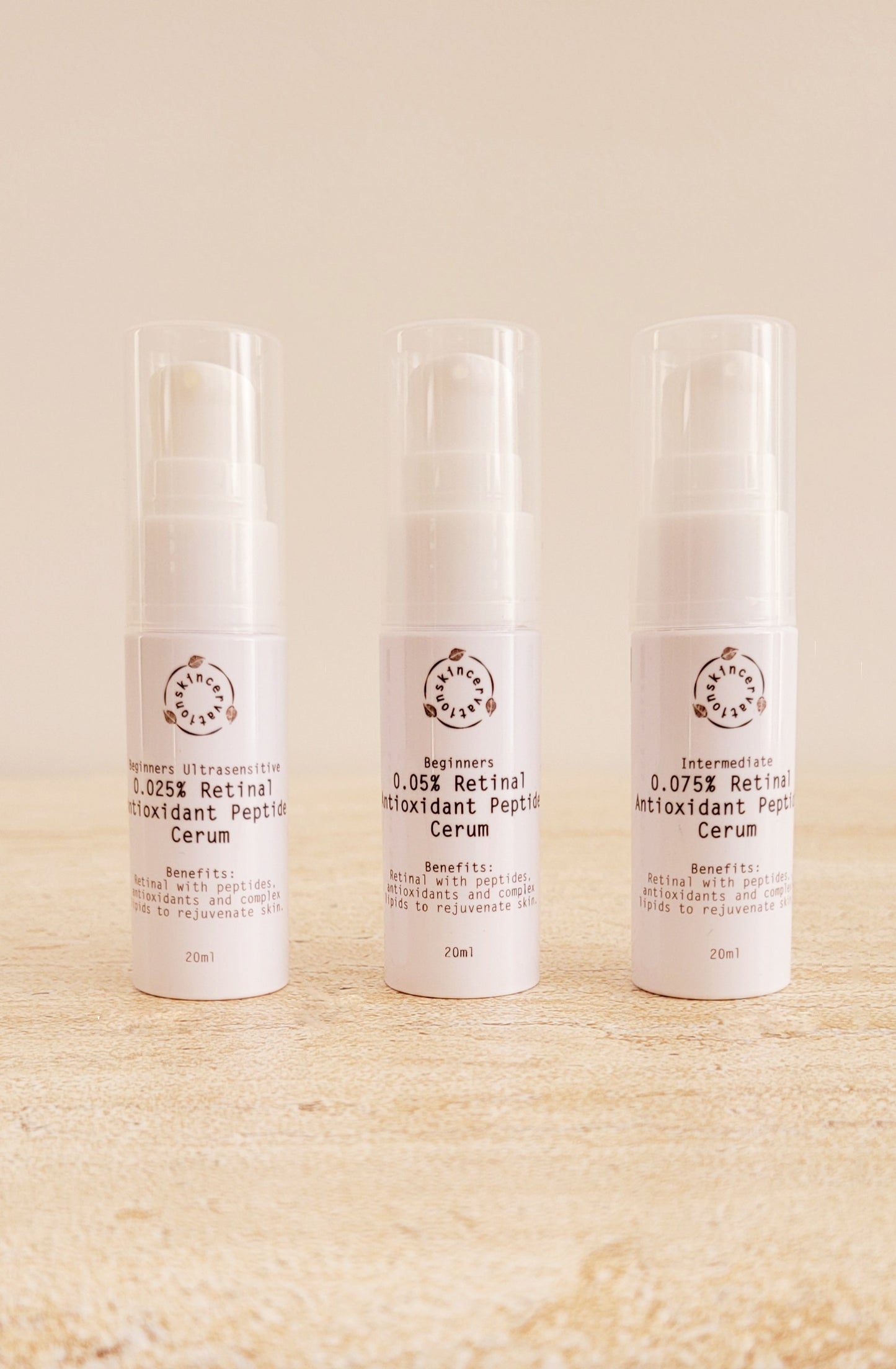 Skincervation Retinal Travel Set Skincare with three antioxidant peptide serum bottles for different skin levels